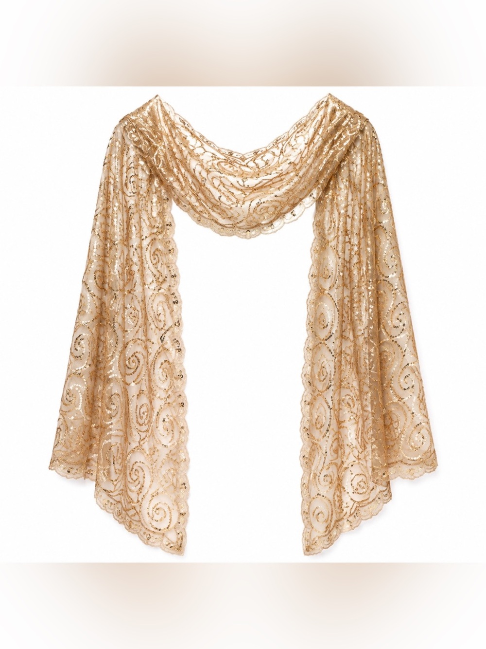 Champagne Gold Sequin Sheer Scalloped Shawl Wrap